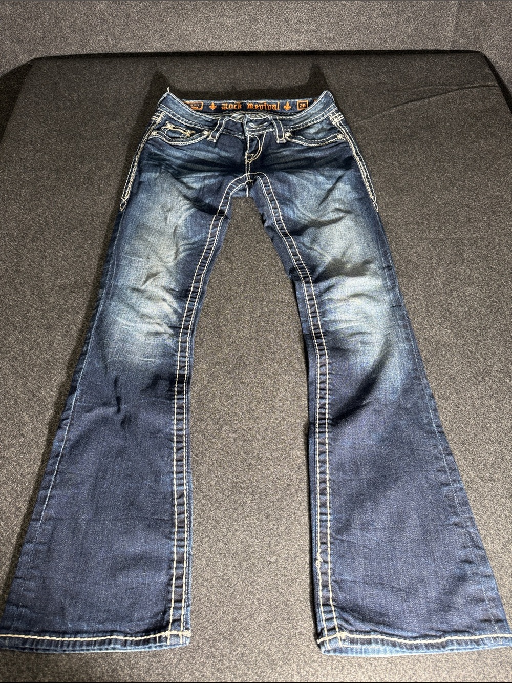 Rock Revival Women's Dark Blue Flared Jeans with Contrast Stitching size 26